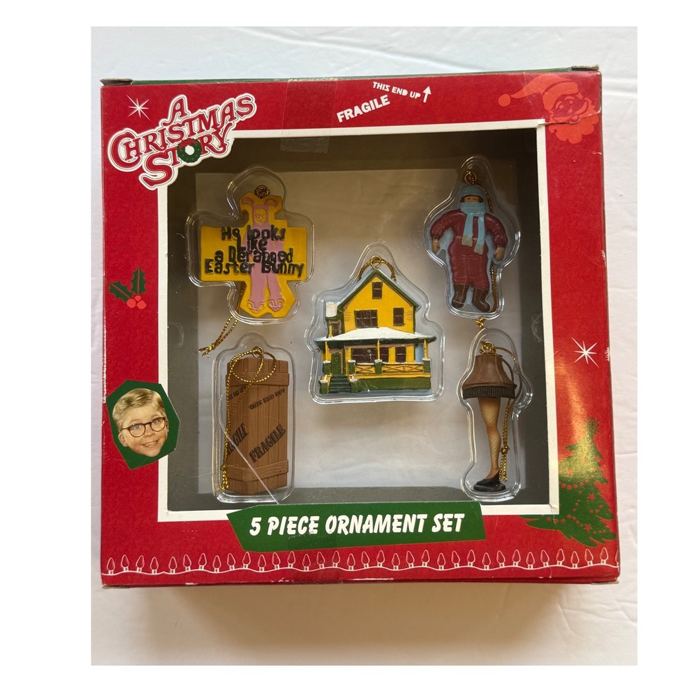 A Christmas Story 5pc Ornament Set Ralphie Leg Lamp Fragile Crate House NIB 2011